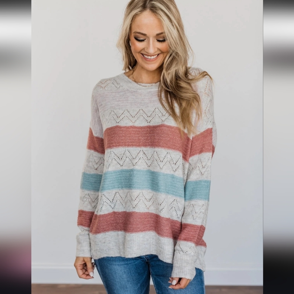 ADORA Sweater Multi Striped Fuzzy Soft Cozy Lightweight Pink, Blue, Brick M